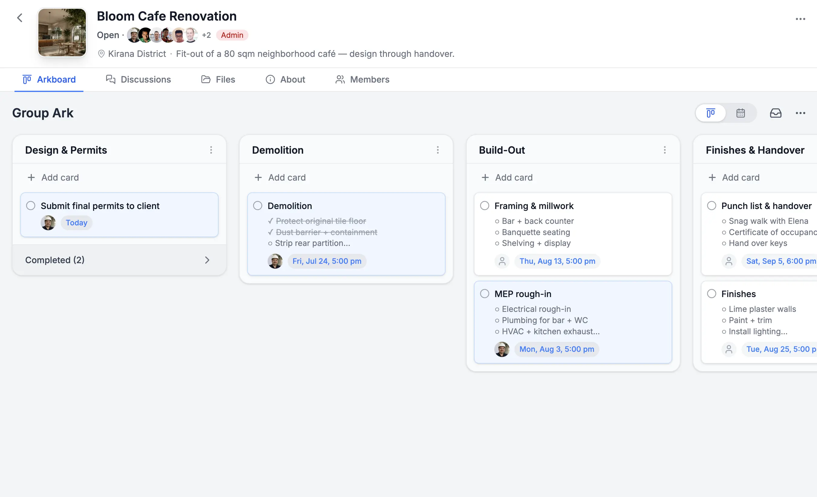 Shared group cards for tasks, deliverables, and events