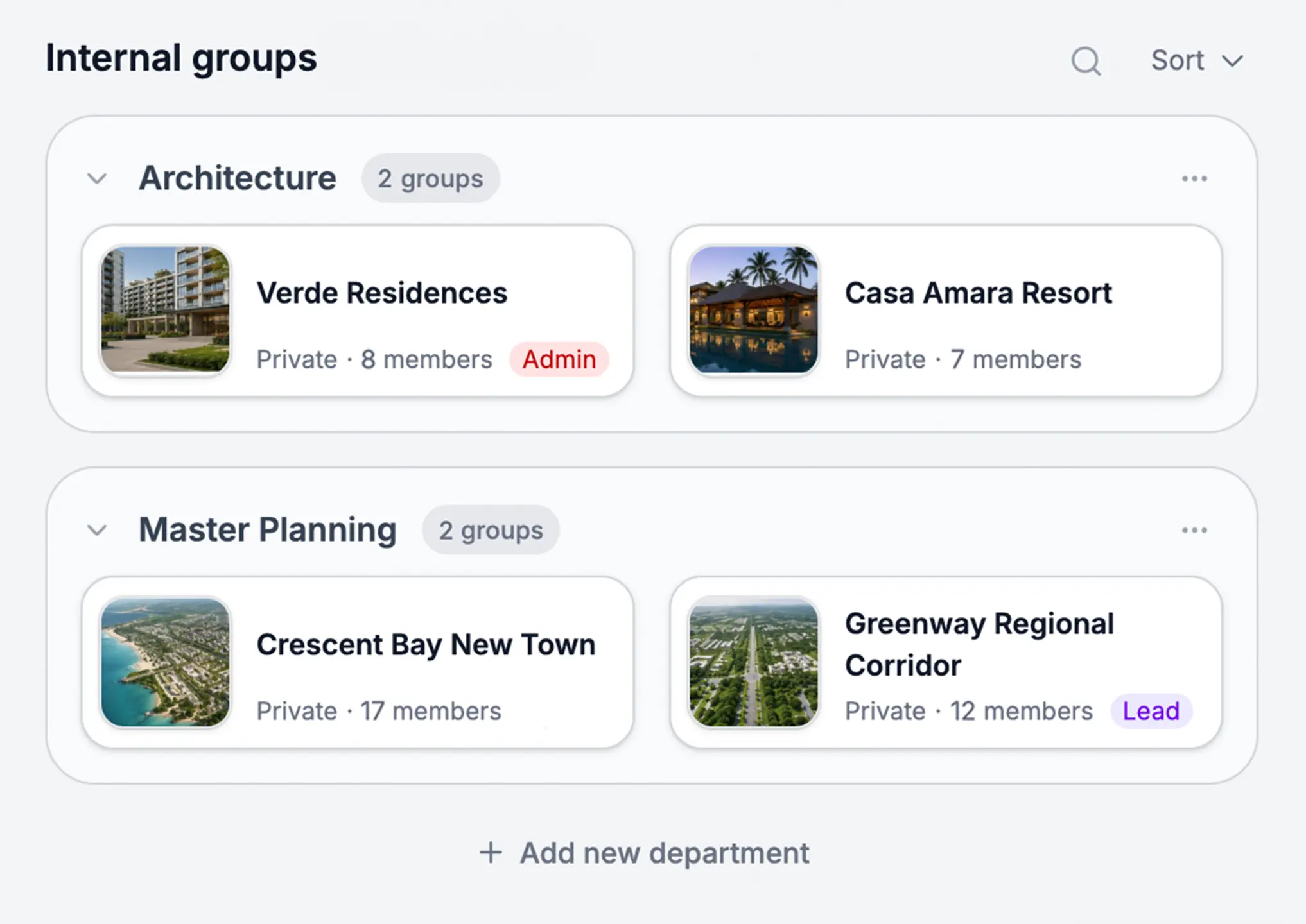 Groups organized by department and team