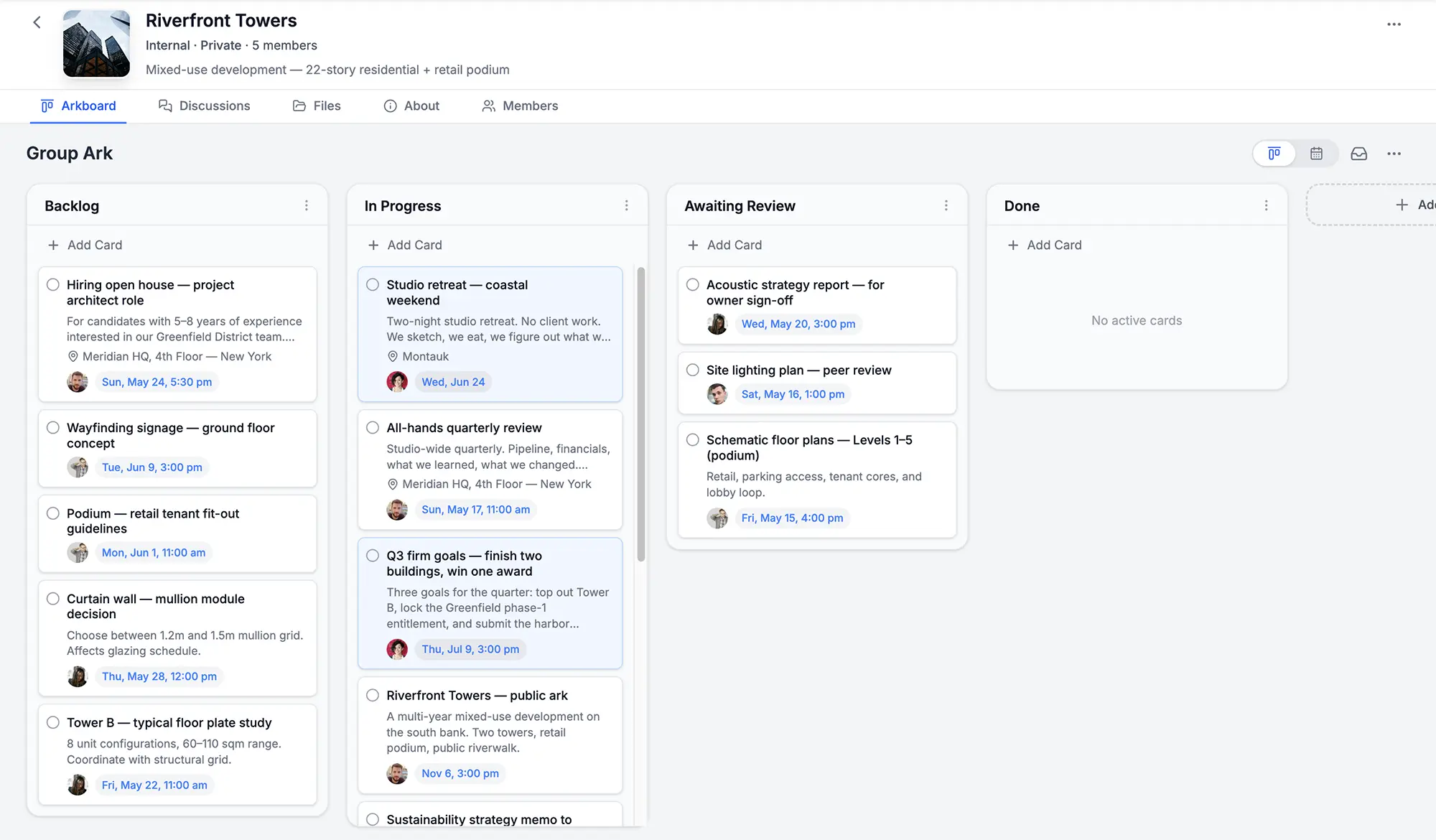 Group Arkboard showing tasks, schedule, and assignments