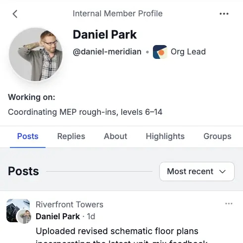 Member profile showing recent activity and groups