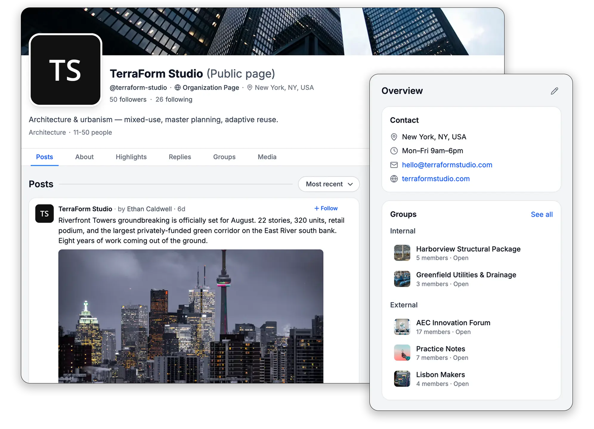 Public company page building an audience and showcasing past work