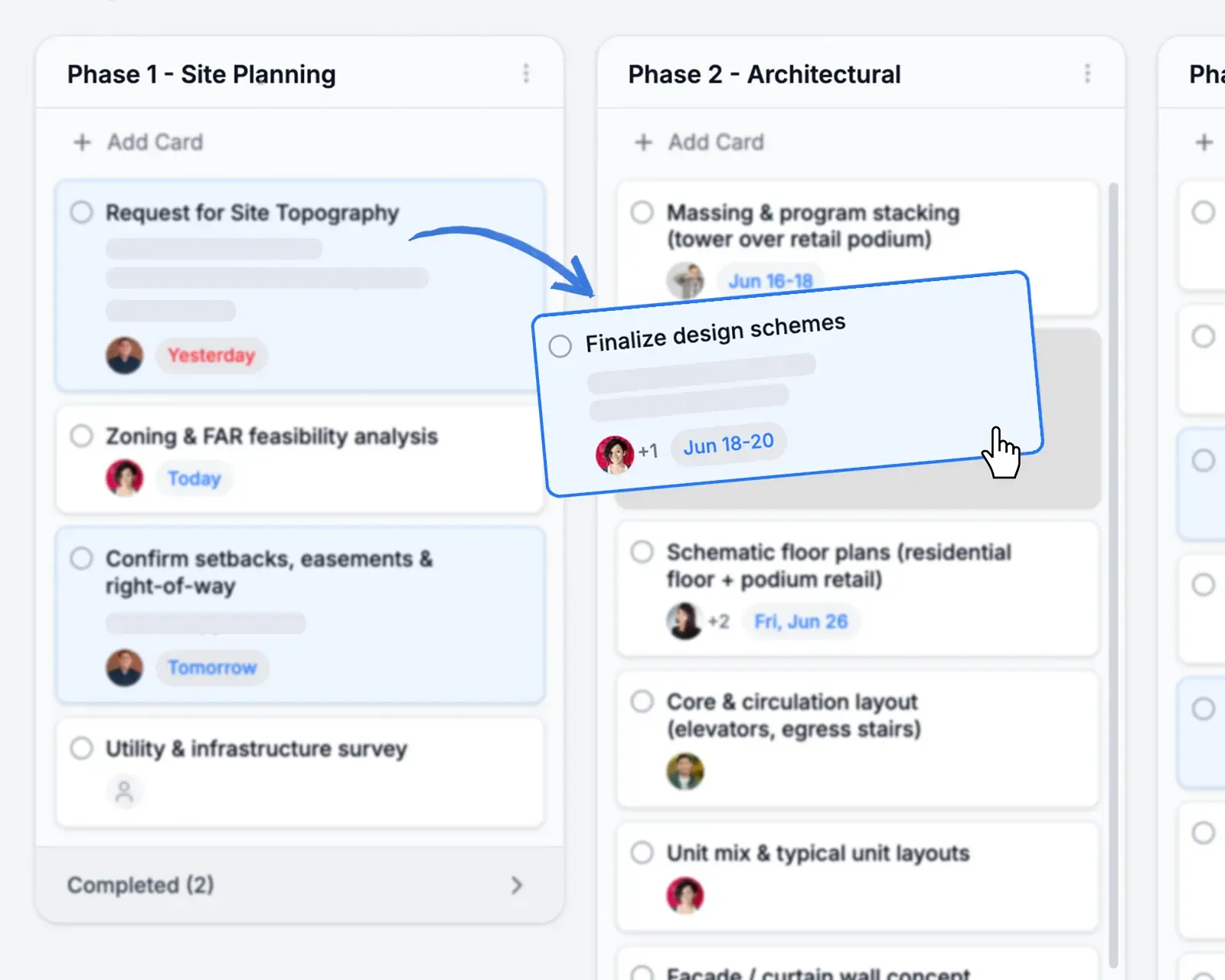A task being dragged between phase columns on a project board