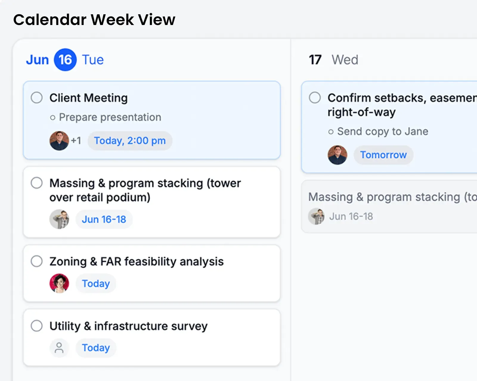 A week of scheduled tasks with their owners and due times